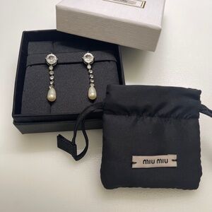 NEW Miu Miu Crystal & Faux Pearl Drop embellished Earrings silver white clear
